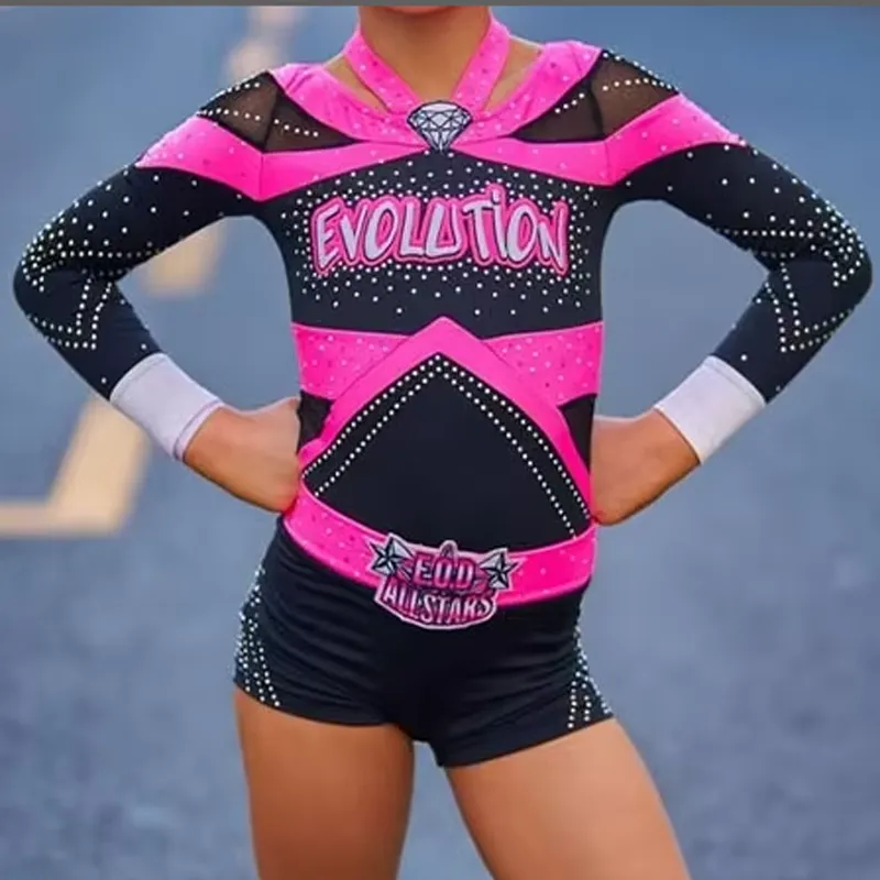 Sparkly Rhinestone Embellished Cheerleading Uniform Pink Black Colorblock Long Sleeve Cheer Competition Training Apparel