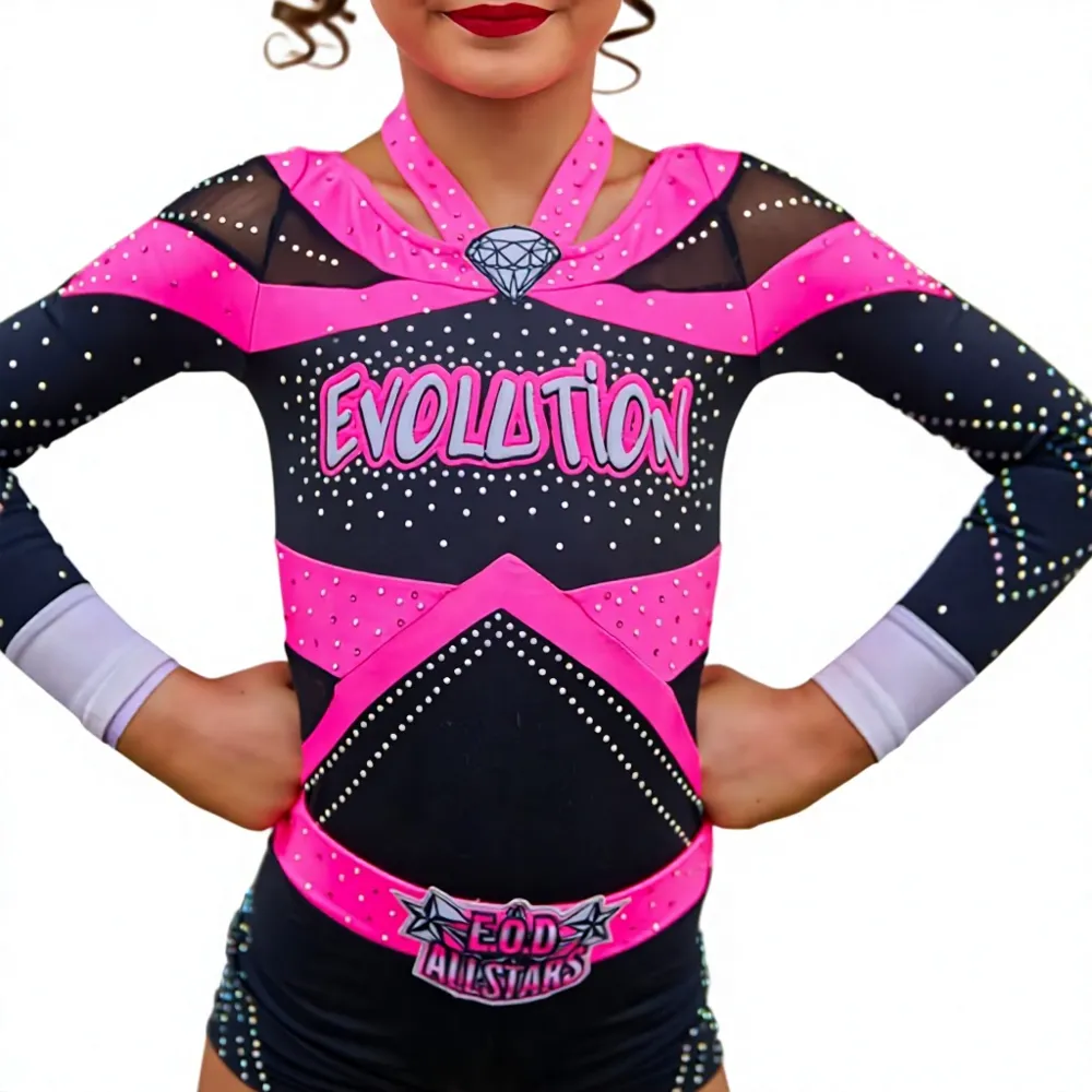 Sparkly Rhinestone Embellished Cheerleading Uniform Pink Black Colorblock Long Sleeve Cheer Competition Training Apparel – photo 5