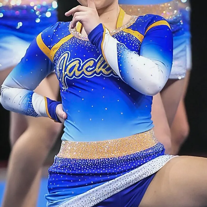 Cheerleading Uniform Sets for Children Girls Team Blue Yellow Designs Spandex/Polyester Digital Print