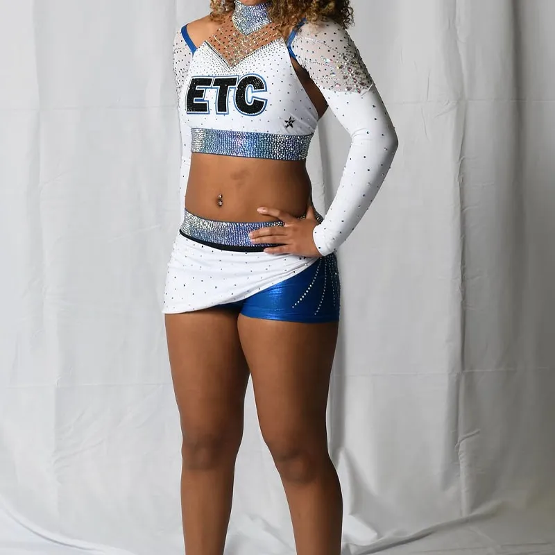 Competition White and Blue Long Sleeve Cheerleading Uniform Sets for Youth Women in Spandex/Polyester for Practice Wear
