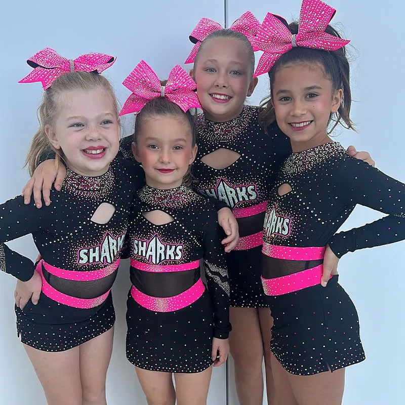 Women Children Cheerleading Uniform Rhinestones Long Sleeve Design Printed Sets Sublimation Spandex/Polyester