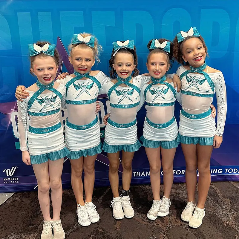 Youth Cheerleading Uniform Two Piece Elastic Waist Spandex Ruffle Bright Teal Color Youthful Cheer Outfit for Girls