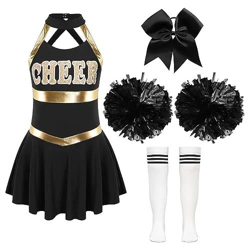 Iiniim Girls Children's Cheerleader Costume Set Sleeveless Cheer Dress Pom Poms Socks Nylon Cheerleading Uniform School Holiday