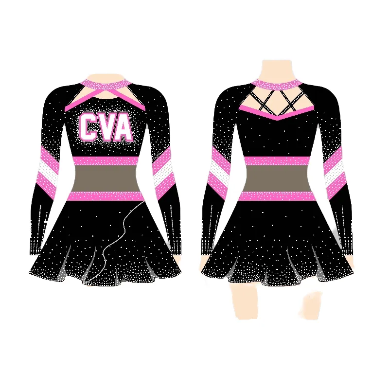 Womens Sublimation Stretch Fabric Cheerleading Uniformdress Skirt Set Top Pom Pom Bow Complete Team Practice Wear