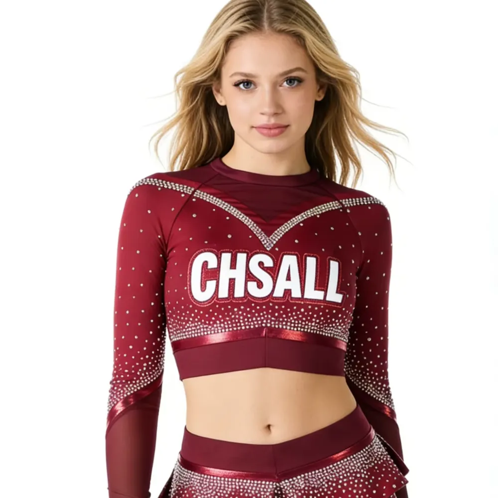 Rhinestone Cheerleading Uniform Set Red Maroon Options Cold Shoulder/High Neck Crop Top with Skirt for Competition Performance