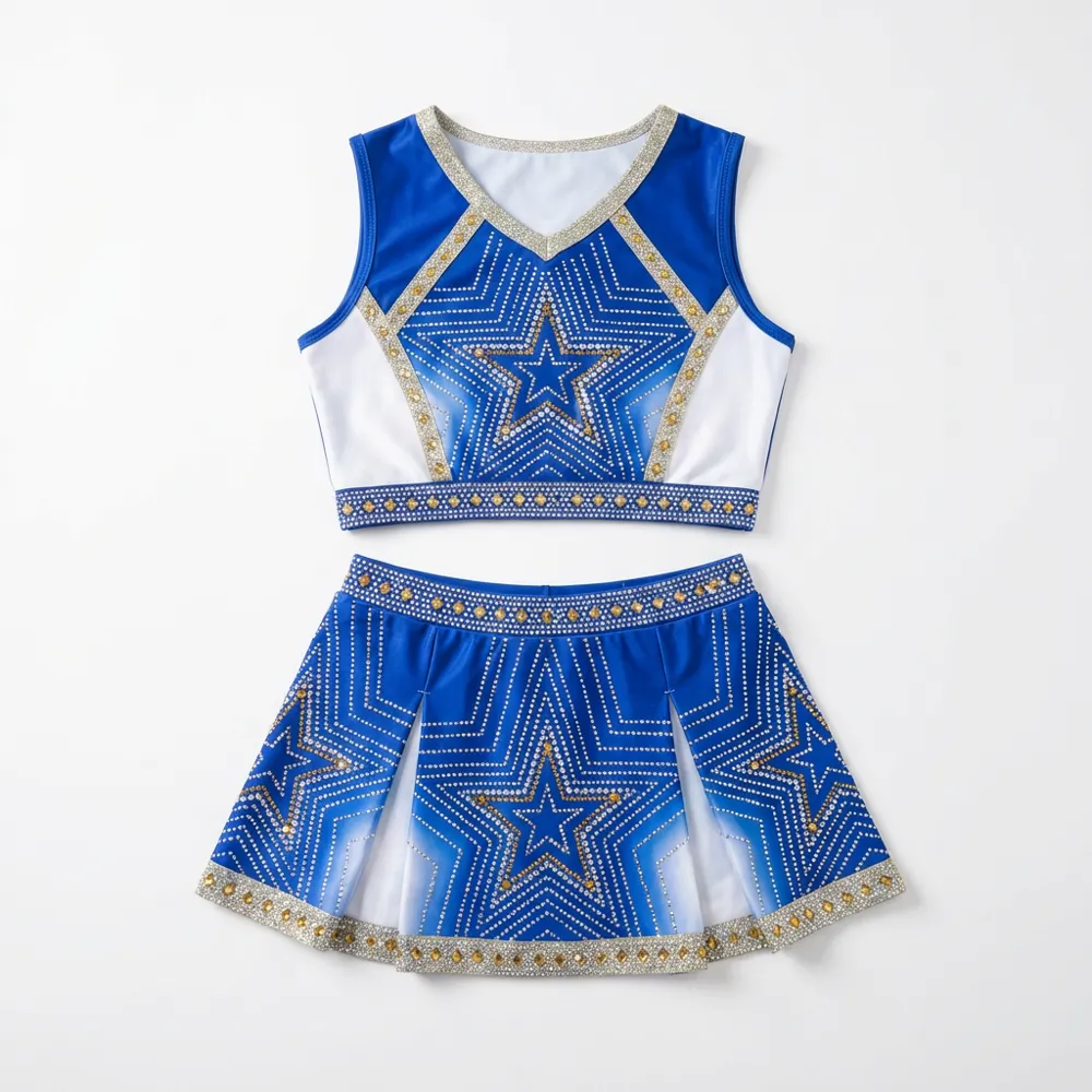 Rhinestone Cheerleading Uniform Set Women Girls Diamond Embellished Crop Top Pleated Competition Cheer Outfit