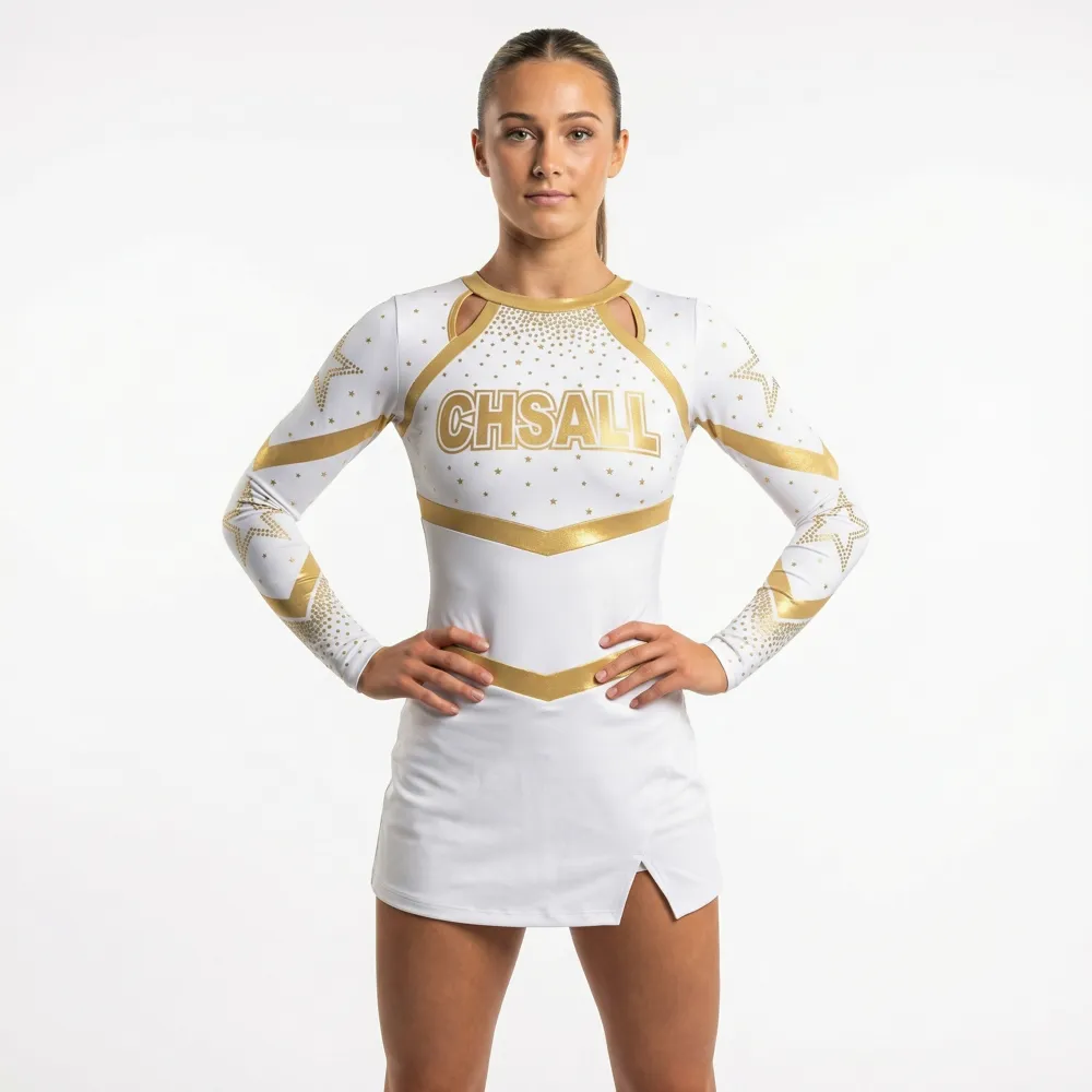 Cheerleading Uniform Spandex Acrylic Long Sleeve Elastic Waist Youthful Gold Cheer Outfit