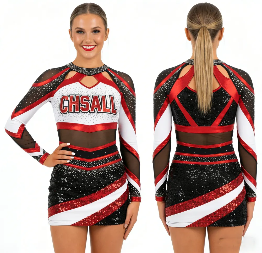 Cheerleading Uniforms for Girls Long Sleeve Rhinestone Sequin Cheer Outfits Personalized Team Cheerleading Costumes