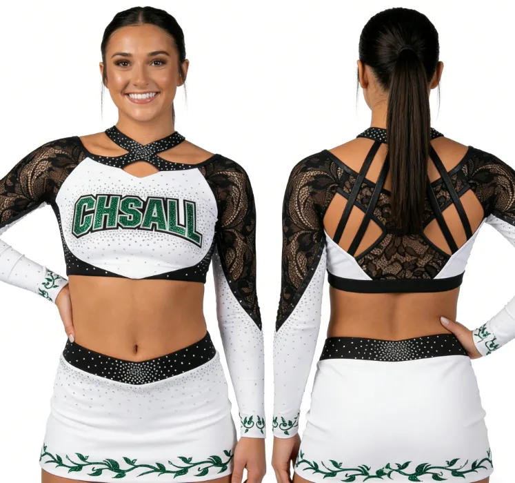 Cheerleading Uniforms Long Sleeve Lace Crop Top with Rhinestones Skirtr Cheer Apparel Team Performance