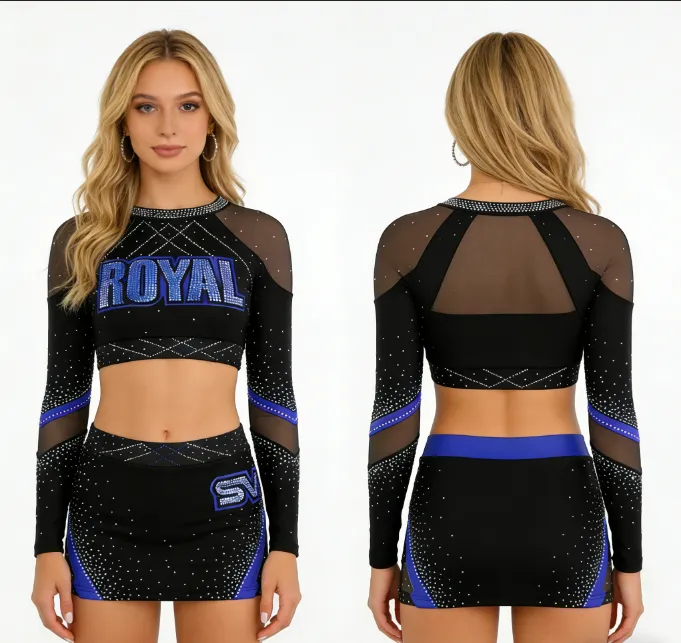 Sports Newest Design Long Sleeve Cheerleading Uniforms,Maroon and White Cheer Skirts,cheer Top With Rhinestones for Activity – photo 2