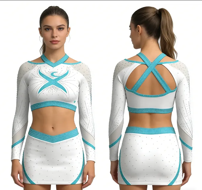 Teal Cheerleading Uniform Set Sparkle Rhinestone Mesh Crop Top Skirt CrissCross Back Performance Cheer Outfit Competition