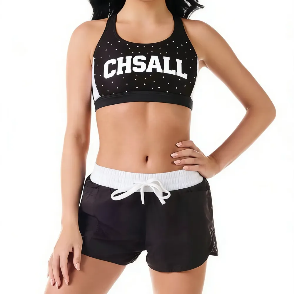 Shiny Rhinestones Shirts & Tops Back Strap Wear Sparkle Design Cheer Practice Wear Shell Shorts 2 Sets Uniforms