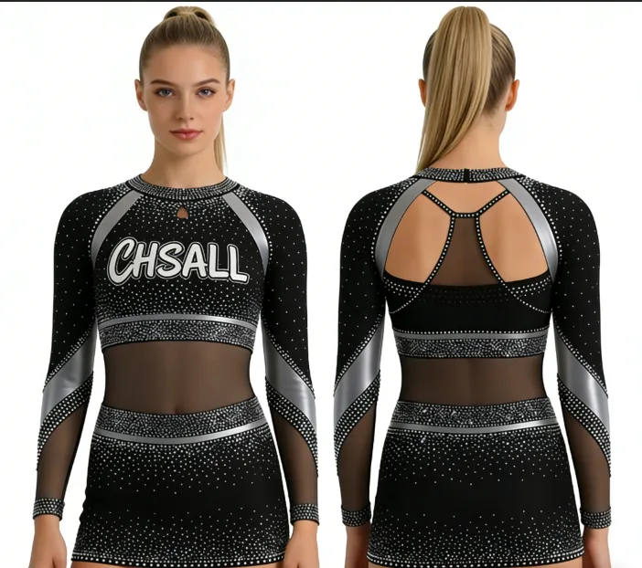 Sparkle Cheerleading Uniform Rhinestone Mesh Crop Top Skirt Cutout Back Customizable Performance Cheer Competition