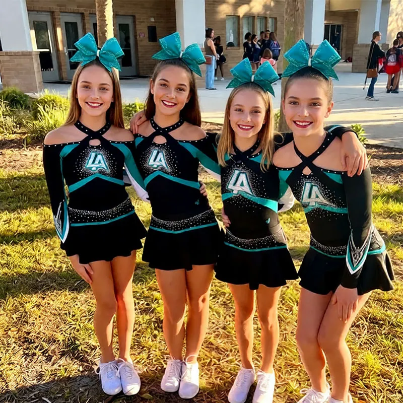 Premium Cheerleading Uniforms Rhinestone Embellished Cold Shoulder Long Sleeve Breathable Performance Wear Cheer Teams – photo 6