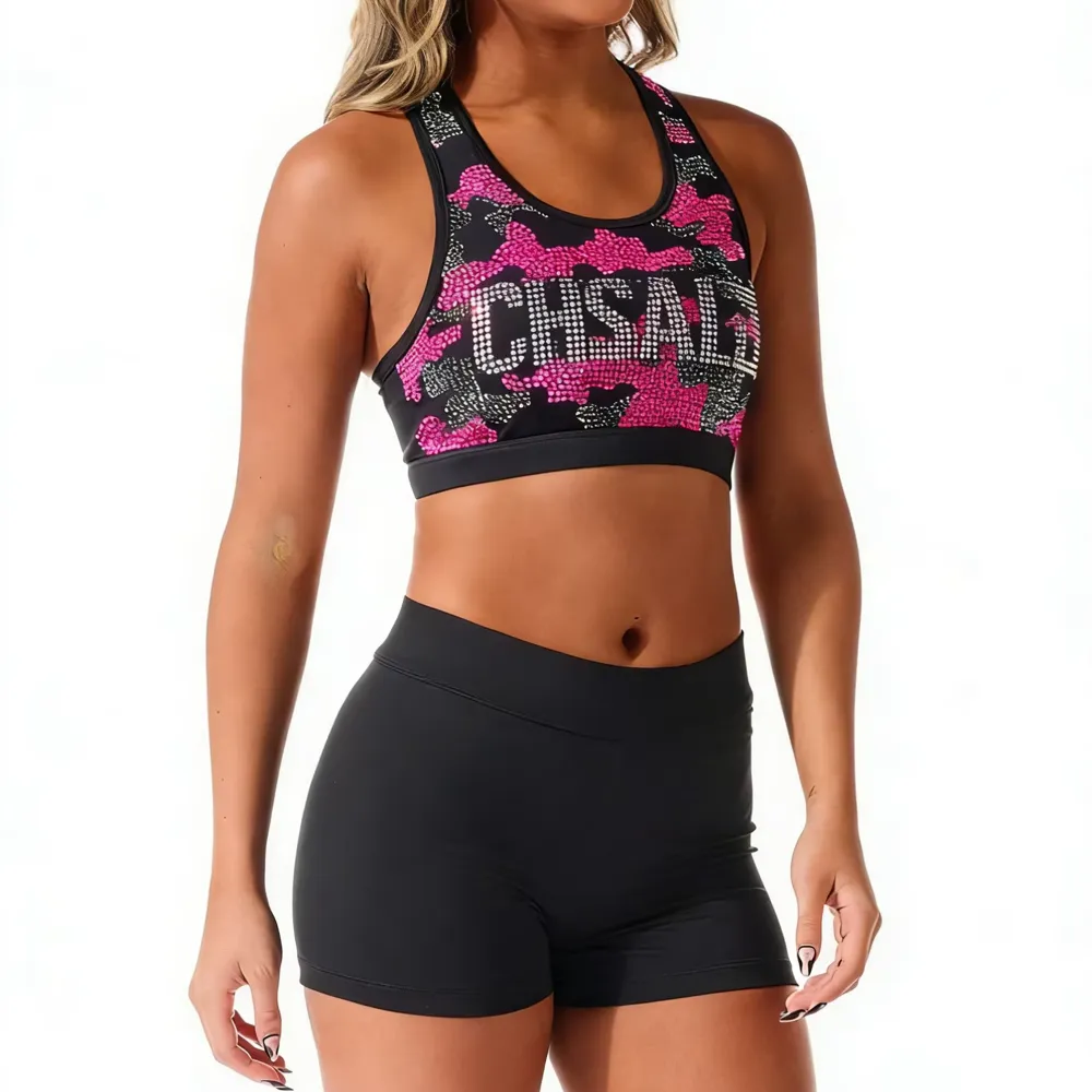 Crops Shiny Rhinestones Shirts & Tops Wear Sparkle Design Cheer Practice Wear Shell Shorts 2 Sets Uniforms