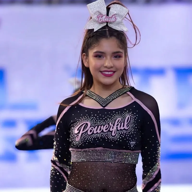 Girls Long Sleeve One Piece Cheerleading Uniform Mesh V-Collar Rhinestone Pink Trim Spandex Cheer Outfit High-elastic Nylon