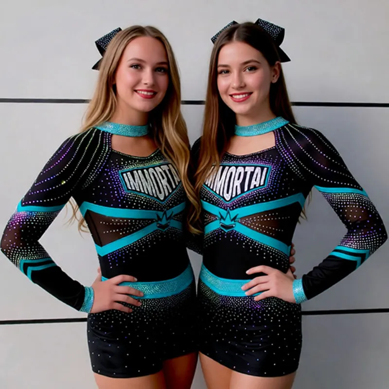 Girls Cheerleading Uniform Long Sleeve Rhinestone Choker Performance Cheer Outfit with Bow Breathable Stretch Fabric for Teen