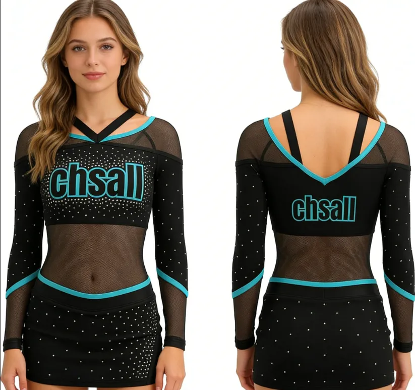 Youth Cheerleading Uniform Long Sleeve V-Neck Rhinestone Spandex Cheer Outfit for Team Sparkle Bling Costume for Teen Girls – photo 5