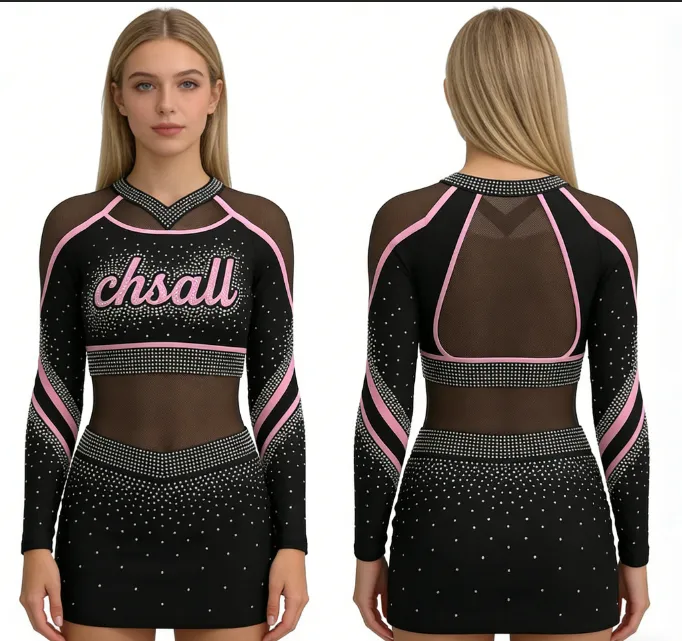 Girls Long Sleeve One Piece Cheerleading Uniform Mesh V-Collar Rhinestone Pink Trim Spandex Cheer Outfit High-elastic Nylon – photo 5