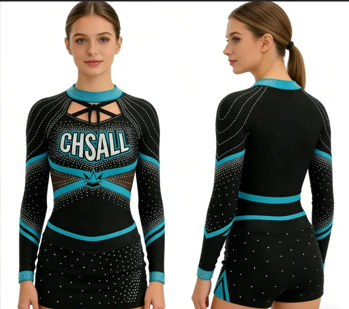 Cheerleading Uniforms Women Long Sleeve Rhinestone Cheer Practice Outfit Cheer Apparel Skirt Shorts Team Competition