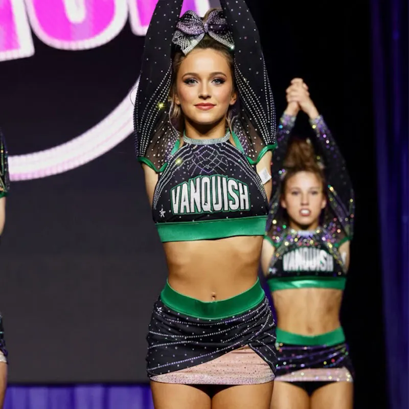Girls Cheerleading Uniform Sleeveless Rhinestone High Neck Performance Cheer Outfit with Skirt