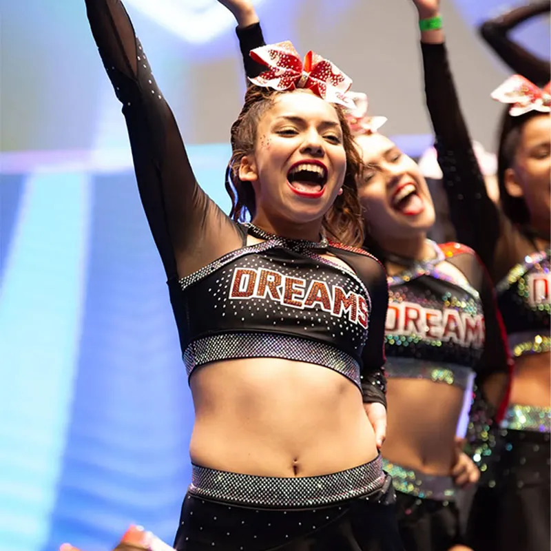 Youth Cheerleading Uniform Long Sleeve High Neck Rhinestone Spandex Cheer Outfit for Team