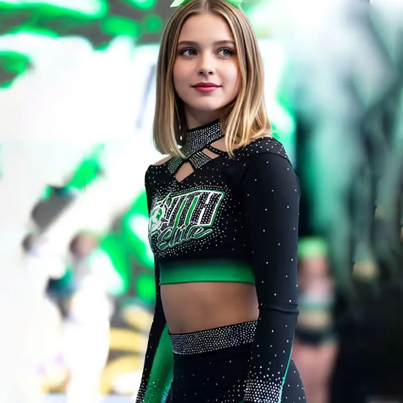 Long Sleeve Cheerleading Uniform Cutout Detail Rhinestone Team Cheer Uniform for Competition Anti-Epidemic Cross Neckline