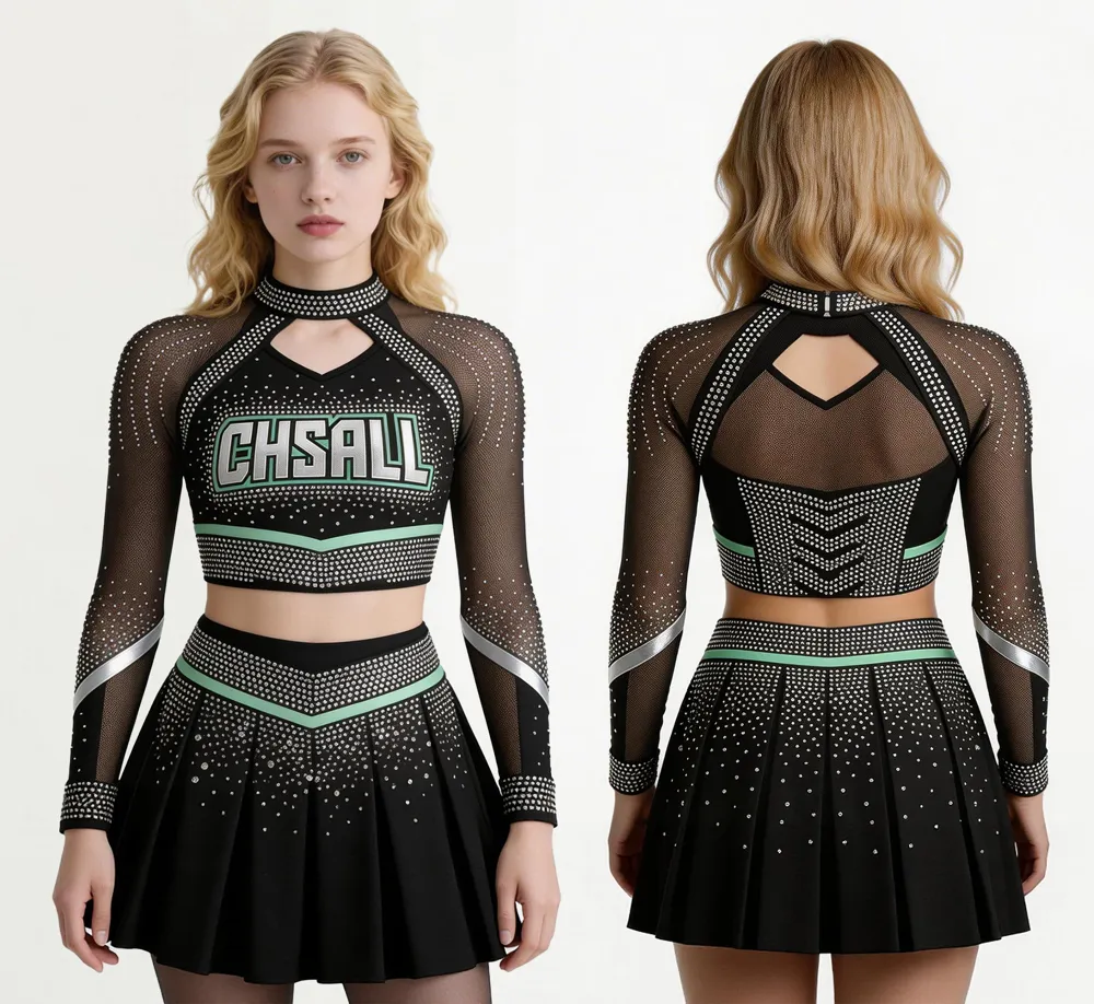 Customizable Women Cheerleading Uniform Sparkle Rhinestone Black Green Mesh Sleeve Crop Top Pleated Skirt Set Team Competition