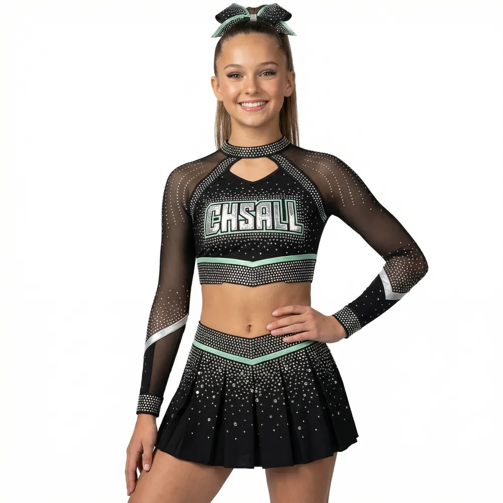 Customizable Women Cheerleading Uniform Sparkle Rhinestone Black Green Mesh Sleeve Crop Top Pleated Skirt Set Team Competition – photo 6