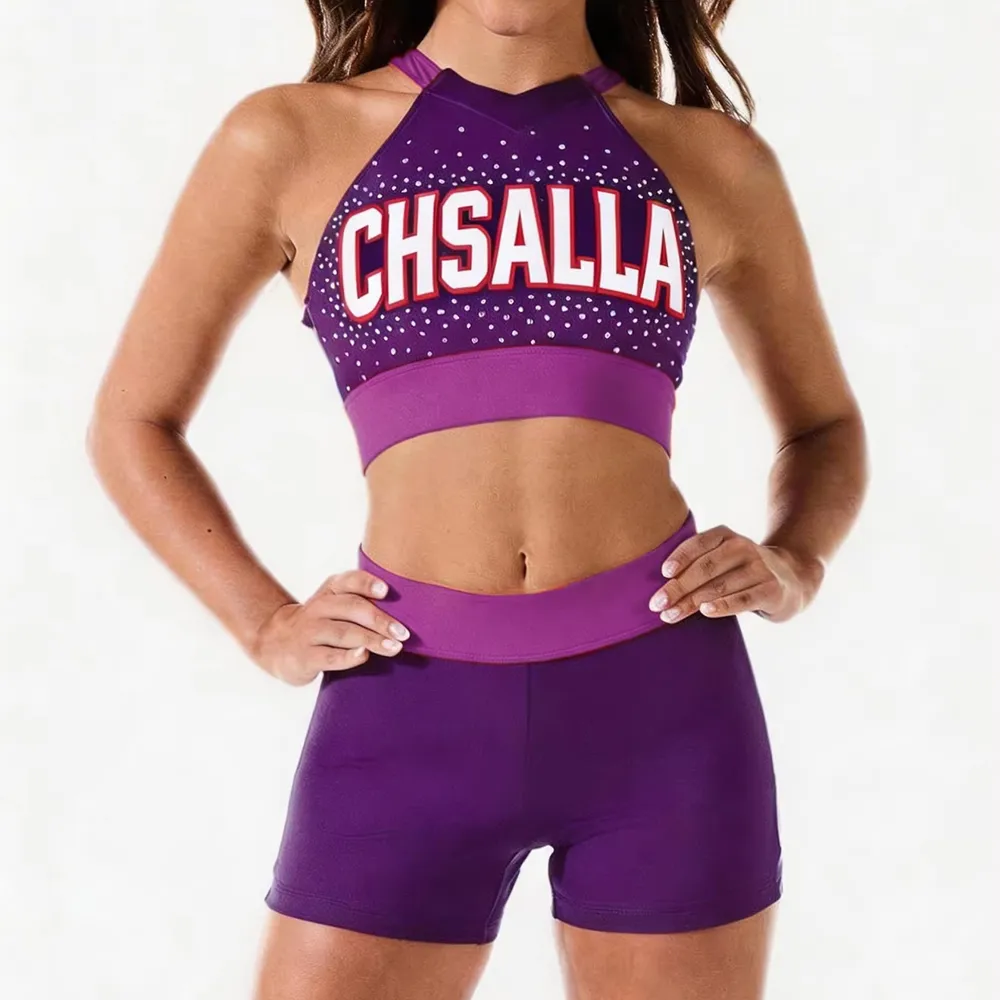 Rhinestones Shirts & Tops Wear Sparkle purple Design Shiny Cheerleading Practice Wear Shell Shorts 2 Sets Uniforms