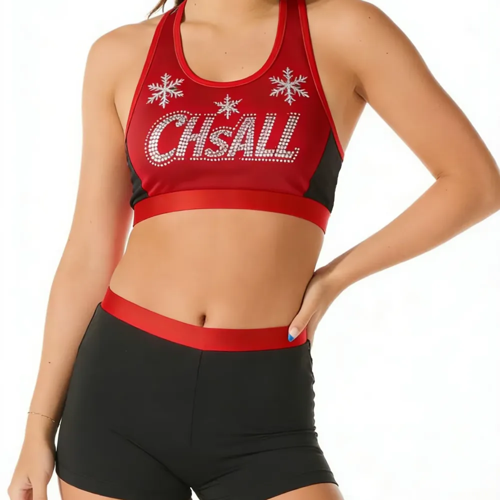 Rhinestones Shirts & Tops Wear Sparkle red Design Shiny Cheerleading Practice Wear Shell Shorts 2 Sets Uniforms