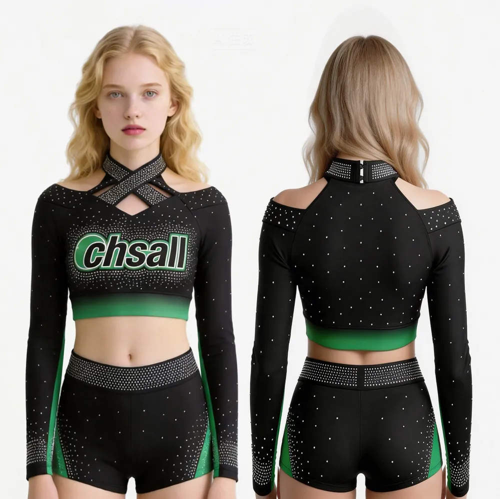 Long Sleeve Cheerleading Uniform Cutout Detail Rhinestone Team Cheer Uniform for Competition Anti-Epidemic Cross Neckline – photo 5