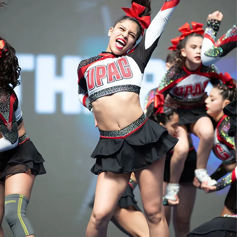 Girls Cheerleading Outfit Long Sleeve Rhinestone High Neck Red Stage Performance Cheer Wear with Skirt