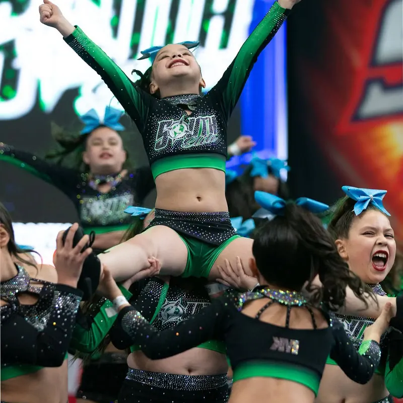 Girls Cheerleading Outfit Long Sleeve Cutout Neck Rhinestone Emerald Green Pleated Skirt Performance Wear