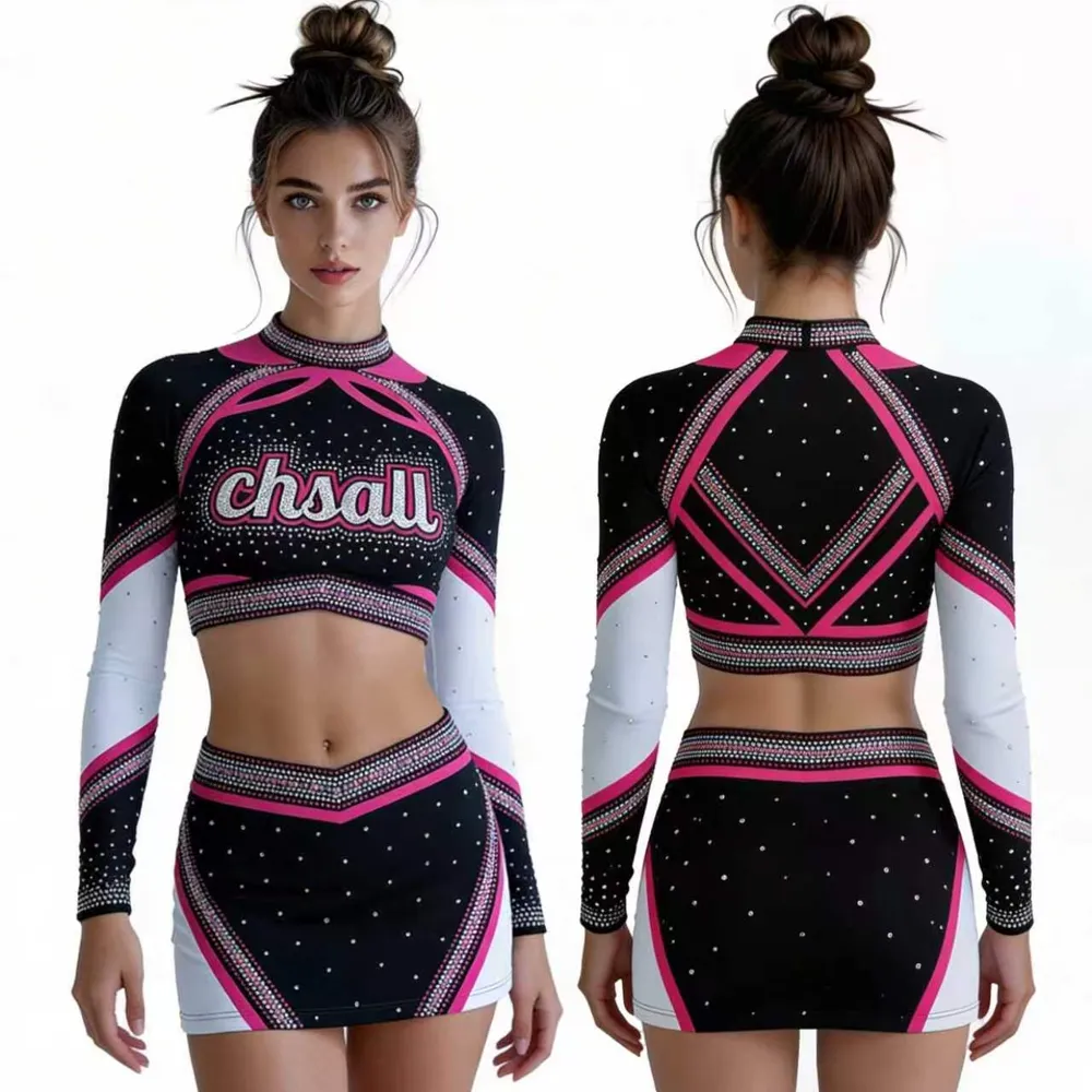 High Neck Long Sleeve Cheerleading Apparel Rhinestone Color Block Team Spirit Performance Uniform with Bow – photo 4