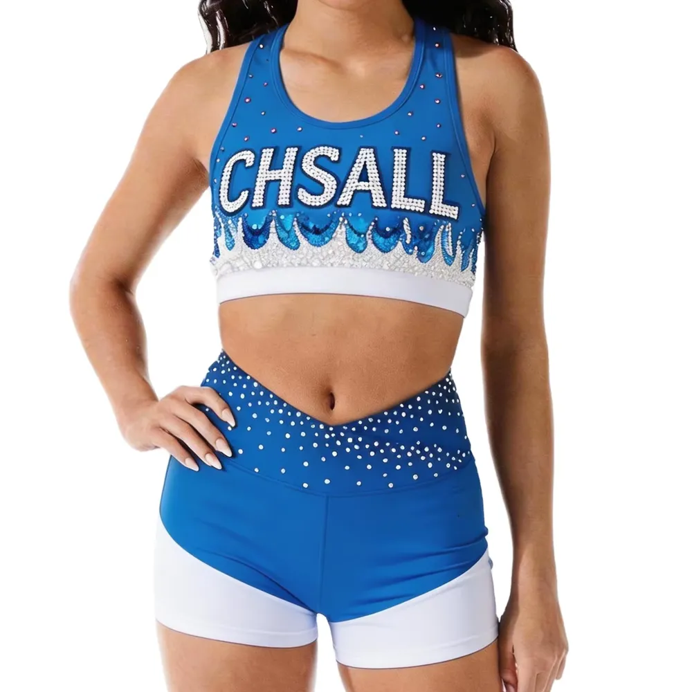Rhinestones Shirts & Tops Wear Sparkle Design Blue Shiny Cheerleading Practice Wear Shell Shorts 2 Sets Uniforms