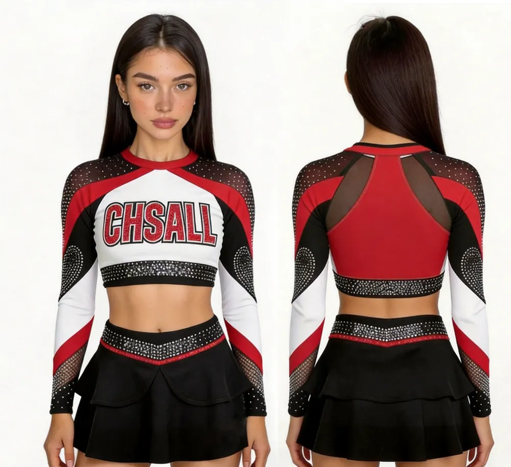 Girls Cheerleading Outfit Long Sleeve Rhinestone High Neck Red Stage Performance Cheer Wear with Skirt – photo 5