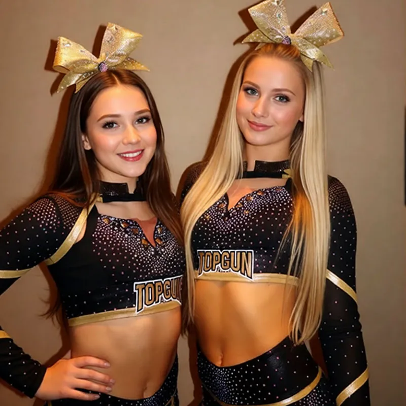 Sparkle Cheerleading Uniform Black Gold Rhinestone Long Sleeve Crop Top with Shorts Cutout Detail Cheer Outfit