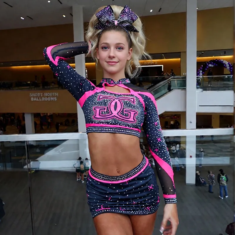 Girls Cheerleading Uniform Black Pink Rhinestone Long Sleeve Crop Top with Skirt TopG Unif Cheer Outfit