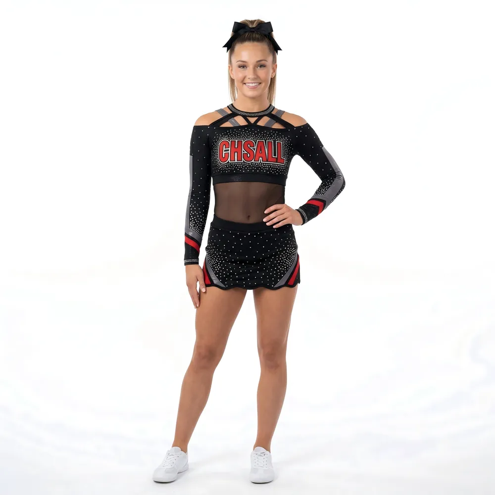 All Star Cheerleading Uniform Black Red Bling Rhinestone Long Sleeve Cheer Outfit Team Cheer Competition Cheer Uniform for Women