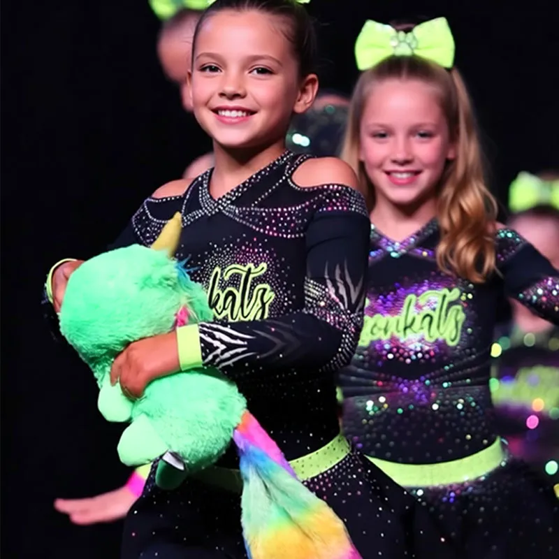 Girls Cheerleading Uniform Black Neon Green Cold Shoulder Rhinestone Crop Top with Skirt NeonKatz Team Cheer Outfit