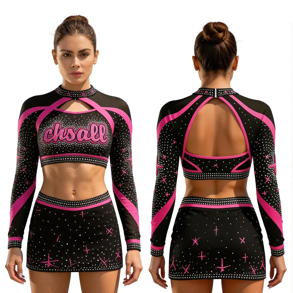 Girls Cheerleading Uniform Black Pink Rhinestone Long Sleeve Crop Top with Skirt TopG Unif Cheer Outfit – photo 5