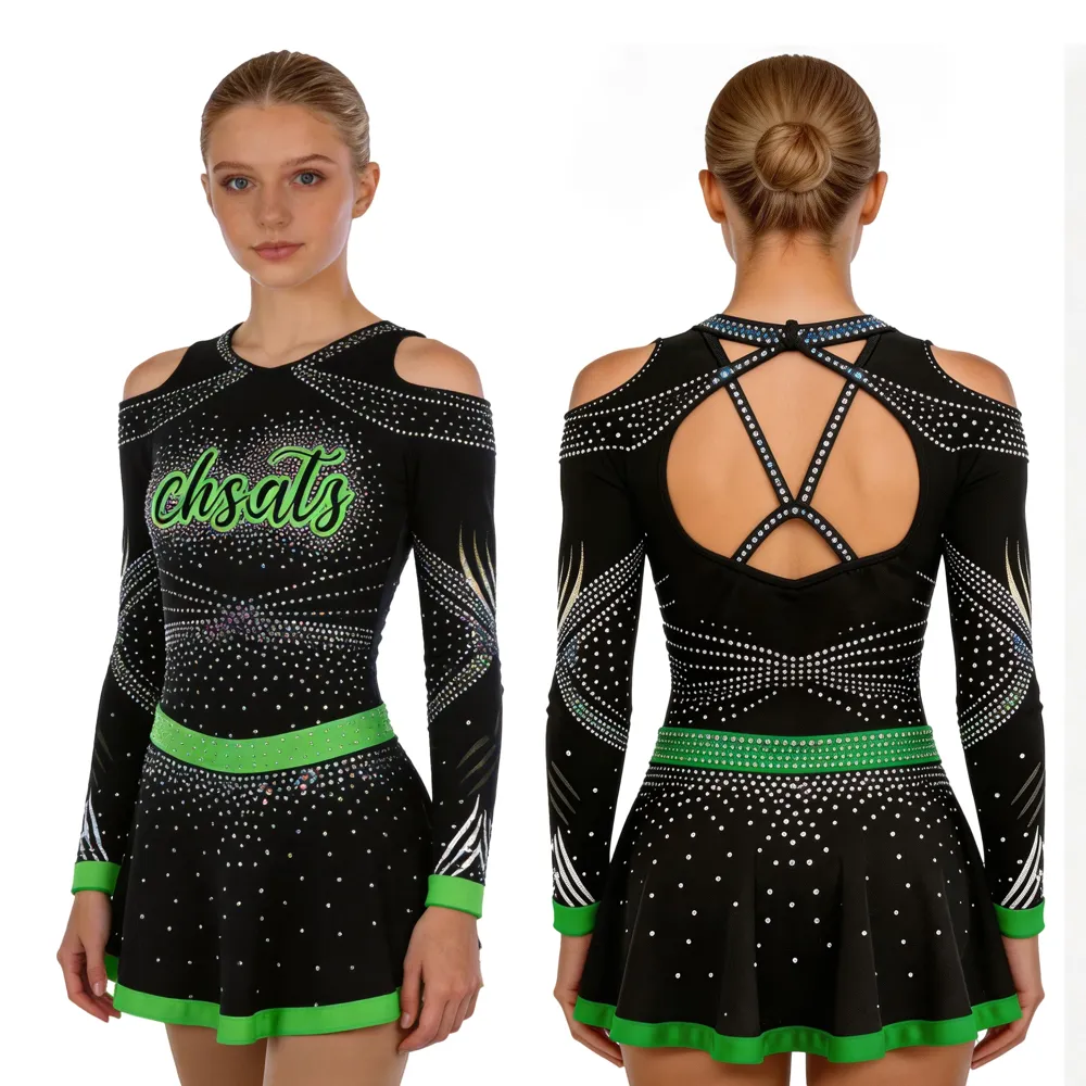 Cheerleading Uniforms Logo Black Green Rhinestone Cold Shoulder Long Sleeve Backless Cheer Outfit Performance Costume