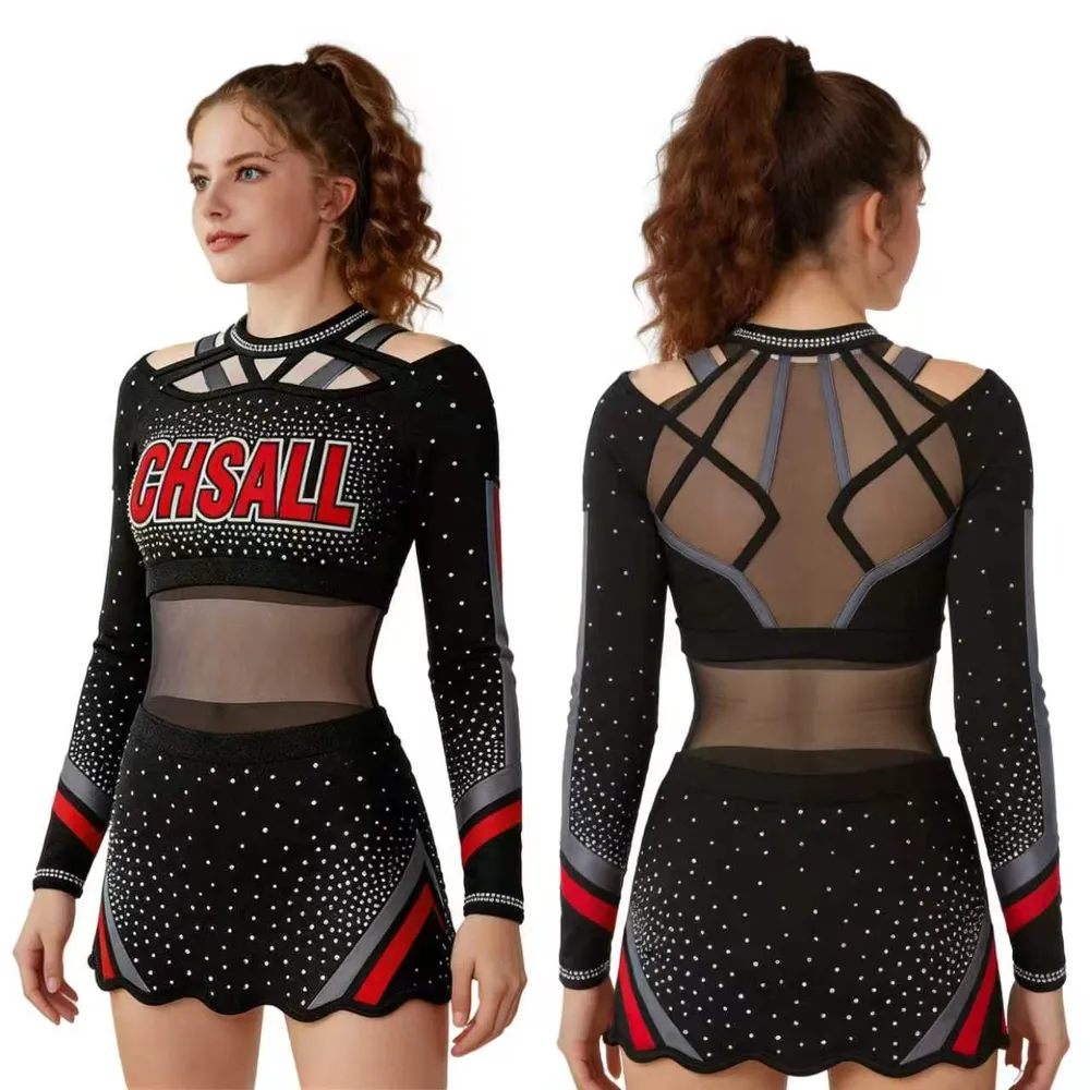 All Star Cheerleading Uniform Black Red Bling Rhinestone Long Sleeve Cheer Outfit Team Cheer Competition Cheer Uniform for Women – photo 5