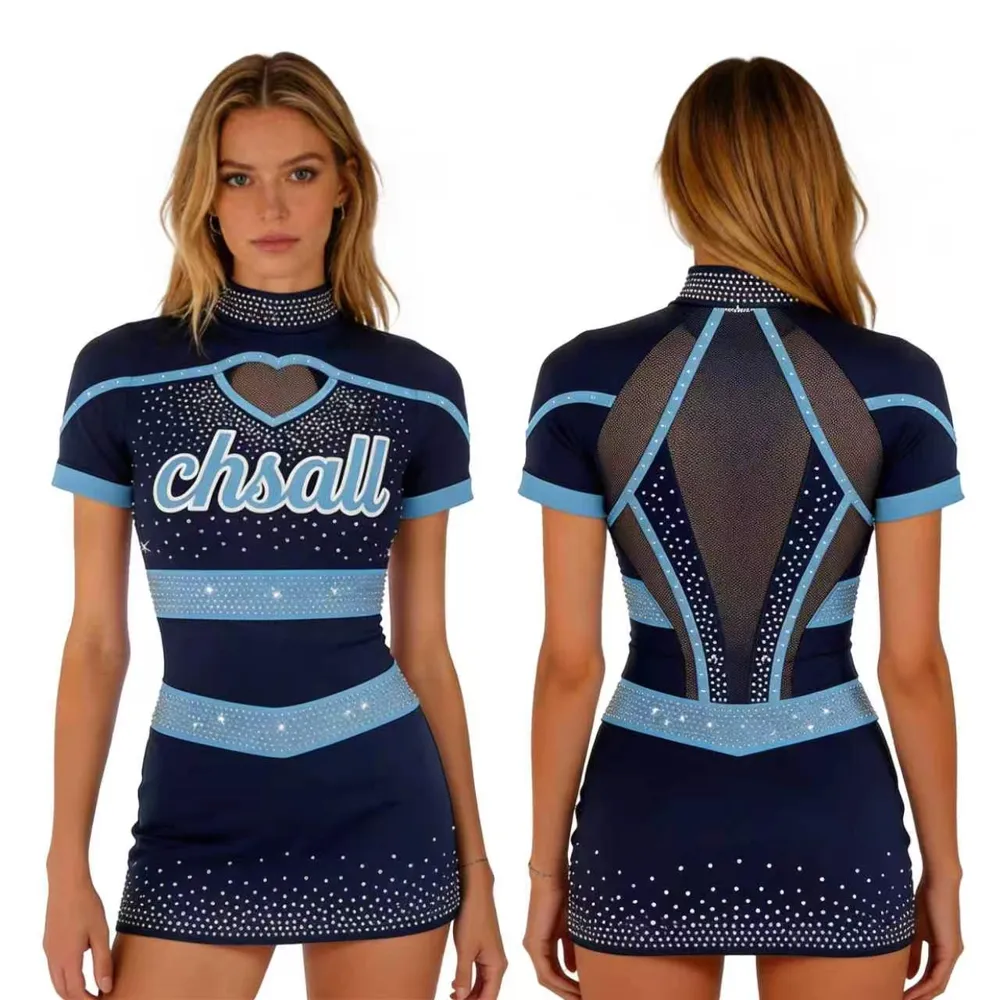 Professional Cheerleading Uniform Navy Blue Light Blue Iridescent Rhinestone Short Sleeve Cheer Wear – photo 5