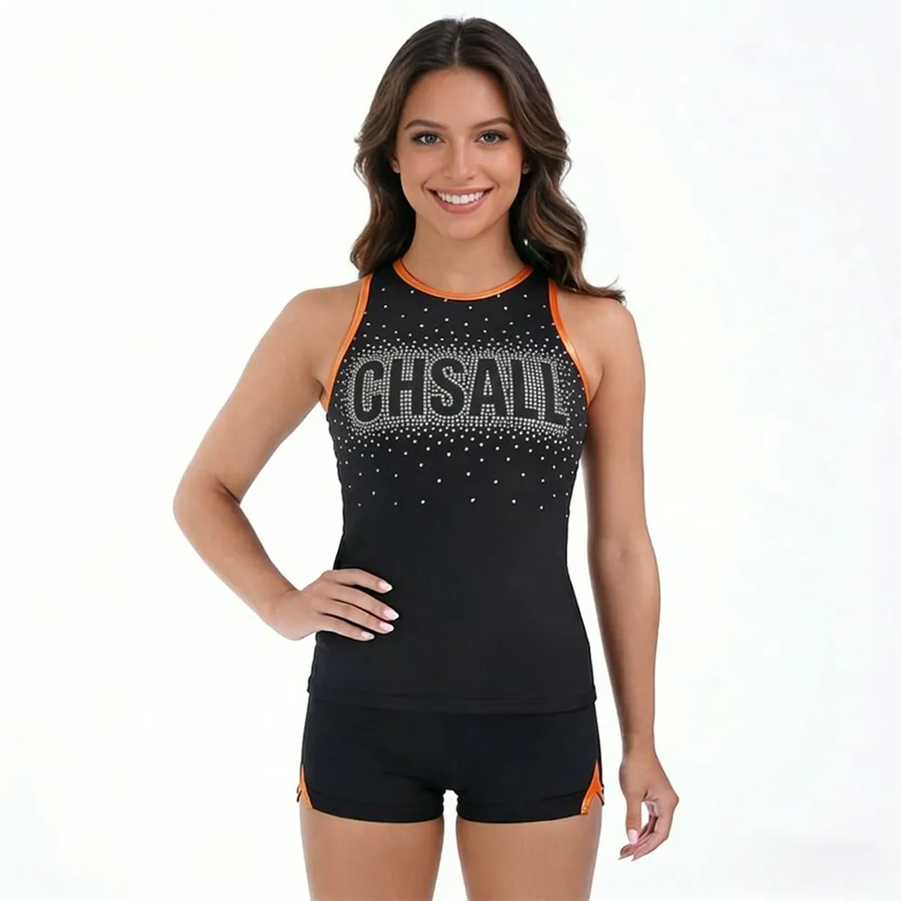 Sparkle Cheerleading Practice Outfit Black Orange Rhinestone Sleeveless Crop Top Team Cheer Training Suit Practice Uniform