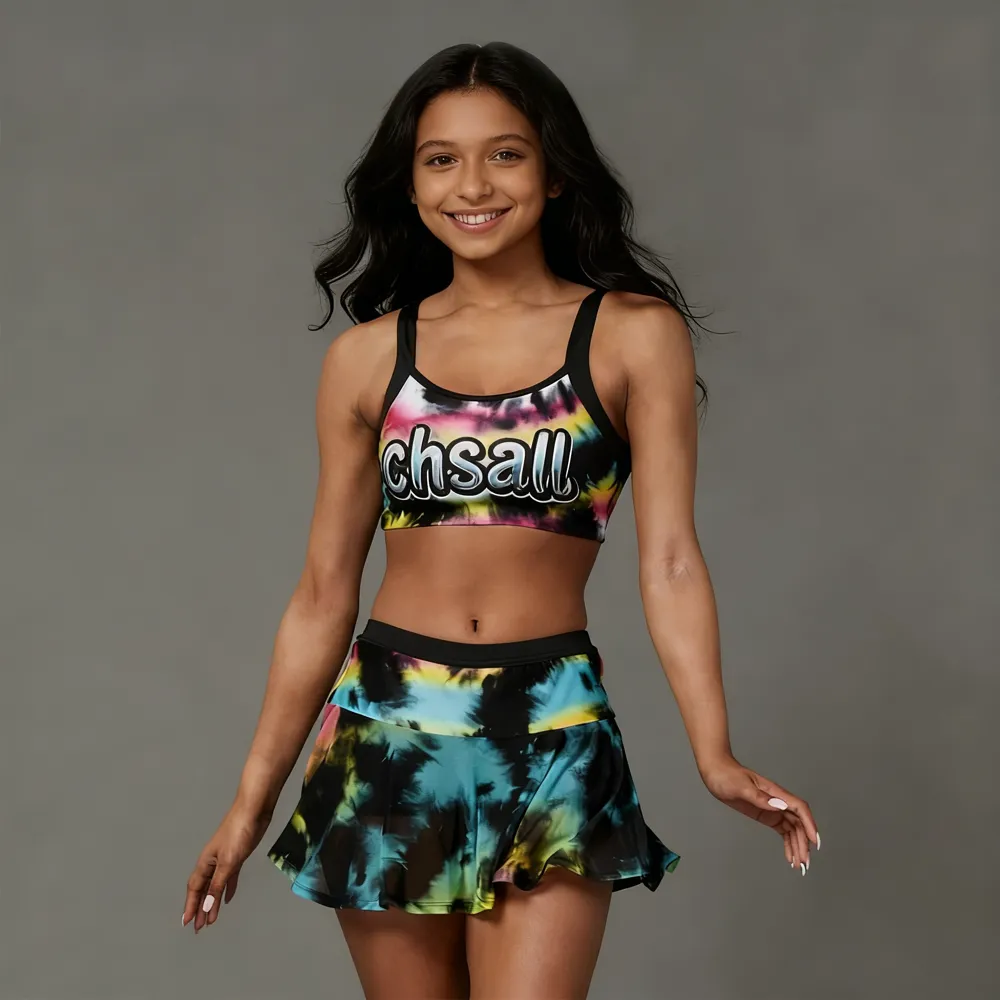 Cheerleading Uniform Marble Print Halter Crop Top with Shorts Cheer Outfit for Competition