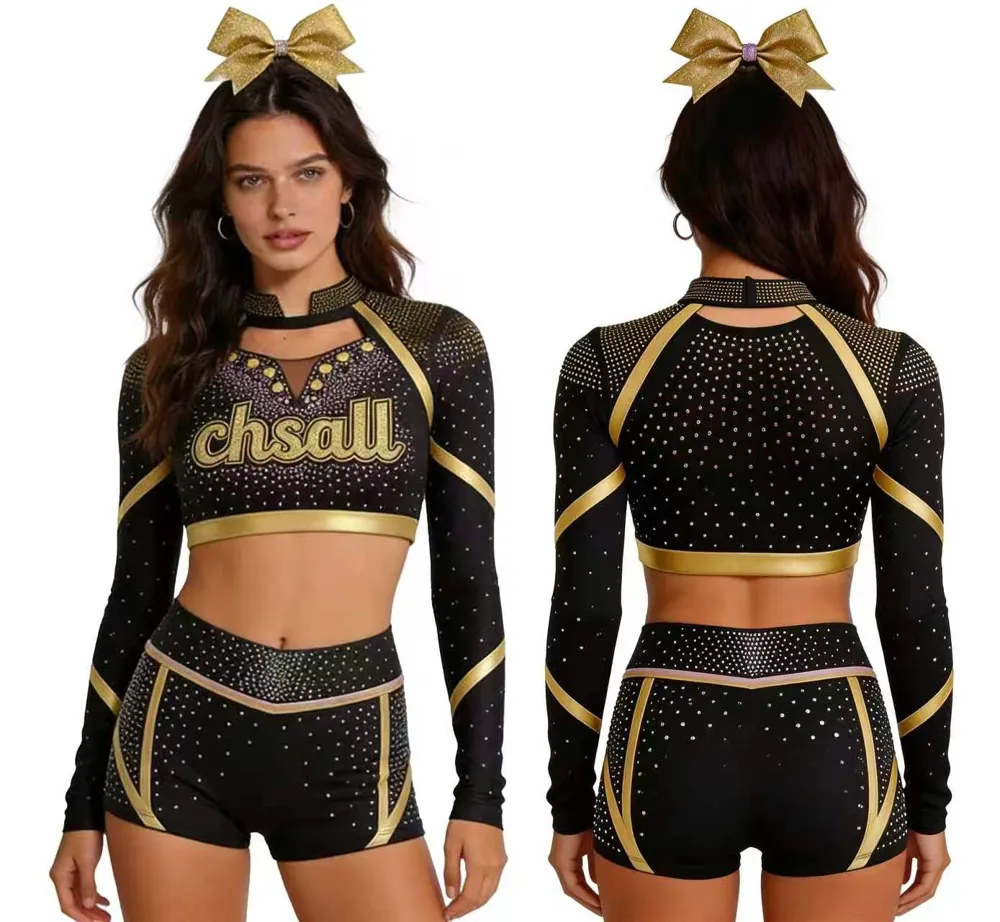 Sparkle Cheerleading Uniform Black Gold Rhinestone Long Sleeve Crop Top with Shorts Cutout Detail Cheer Outfit – photo 5
