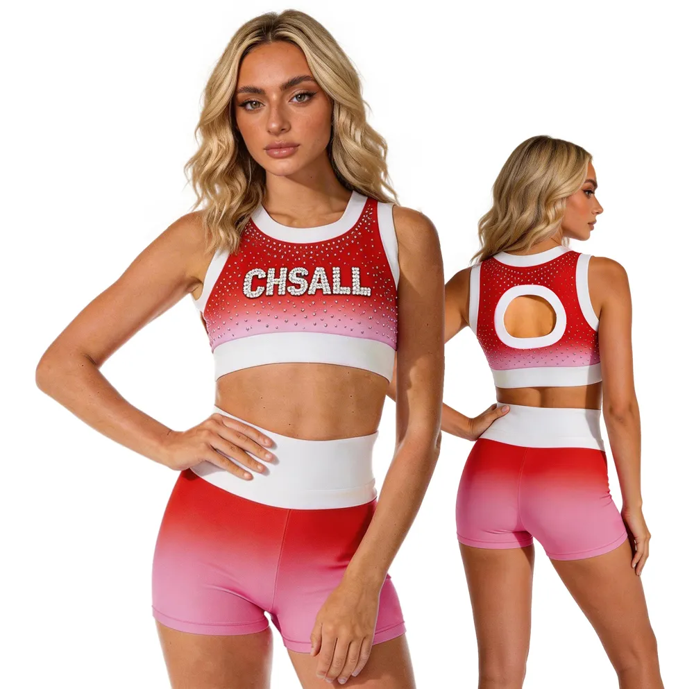Rhinestones Shirts & Tops Sparkle Design pink to red Ombre Shiny Cheerleading Practice Wear Shell Short Uniform