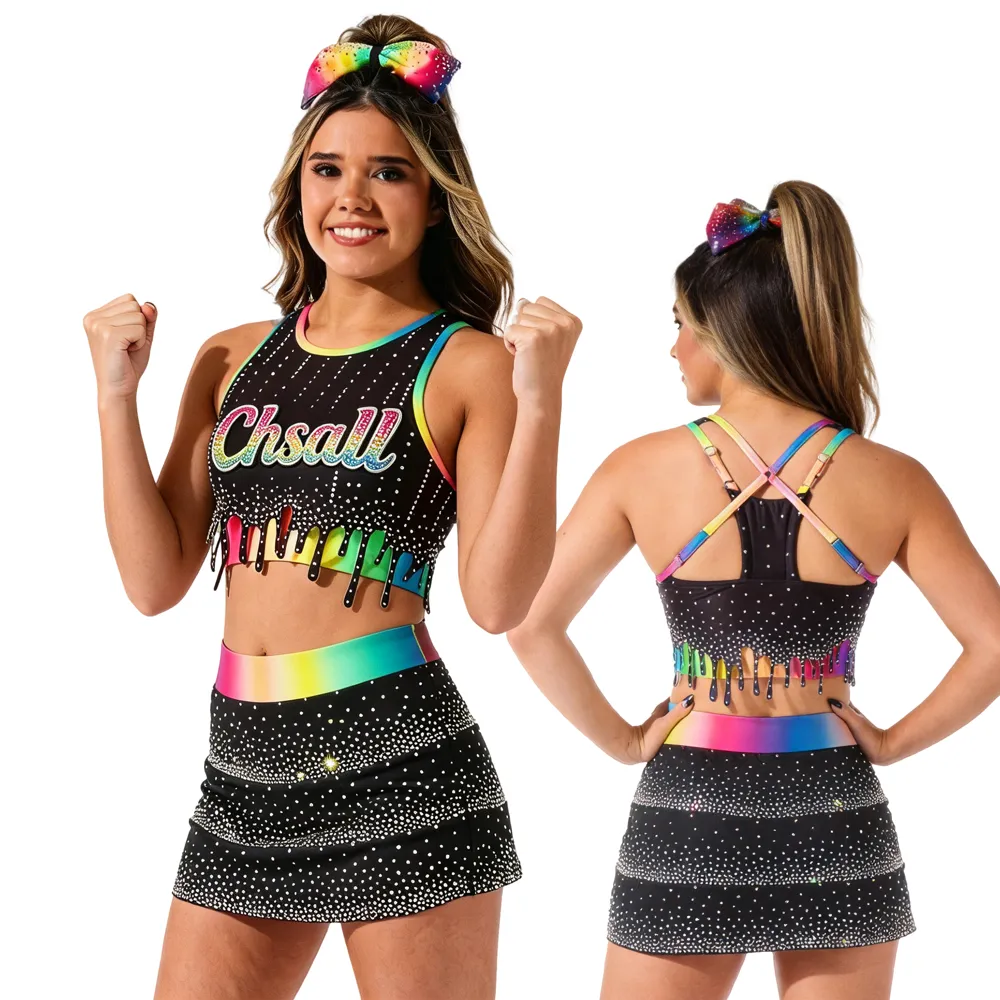 Laser-cut Drip Hem with rainbow Print Design Top LOGO Rhinestones Shirts & Top Cheerleading Practice Wear Shell Uniform